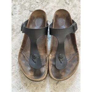Birkenstock Size 39 Gizeh‎ Birko Flor Sandals Black Leather Buckle Preloved